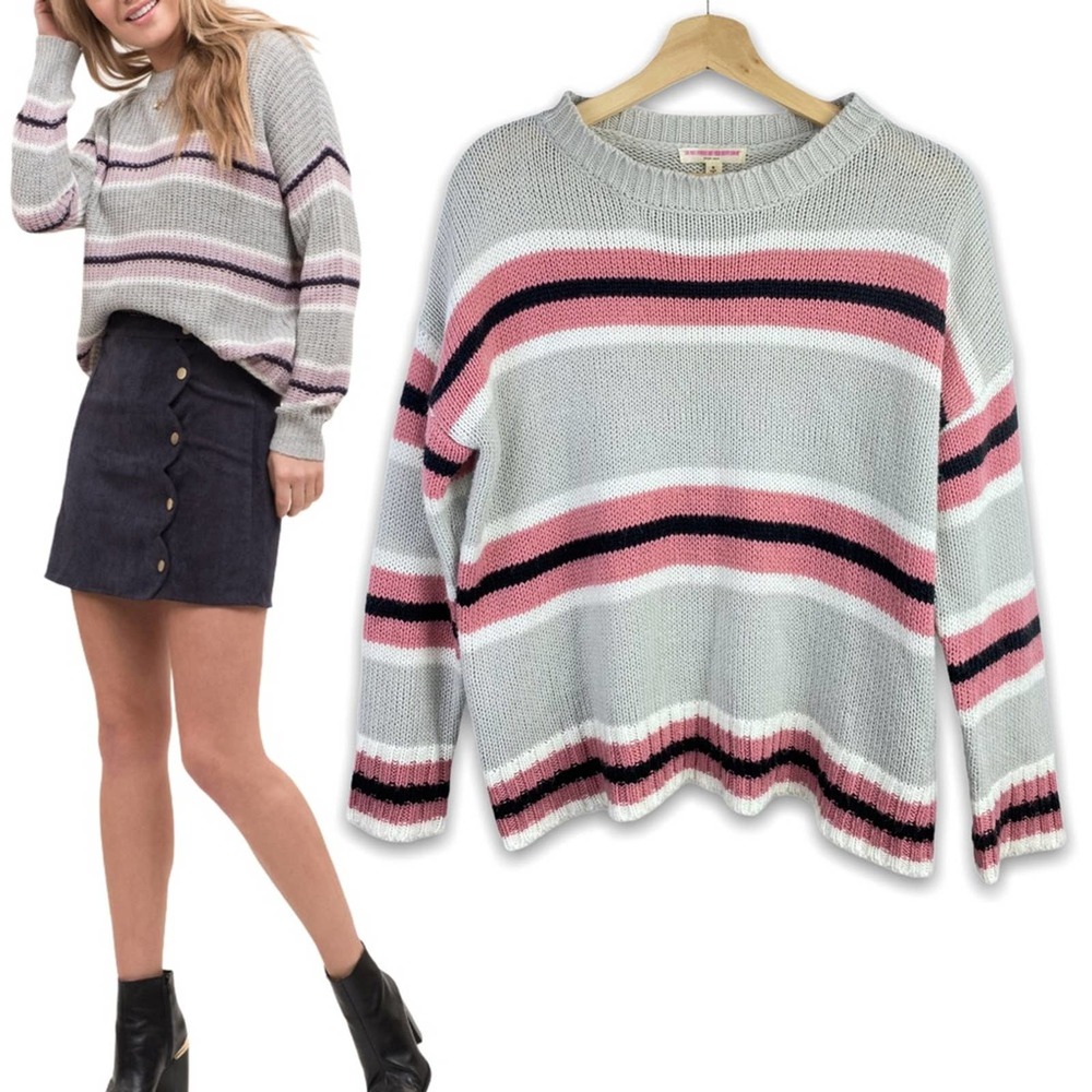 Purple Snow | Gray Pink Striped Knit Sweater